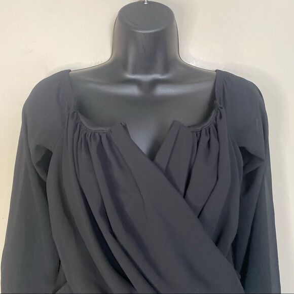 WINDSOR Black Sheer Sleeves Sweetheart Ruched Wrap Crop Top - Picture 3 of 9